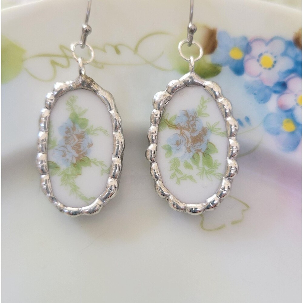 Handmade Broken China Earrings, Vintage Bavarian Porcelain Dangles